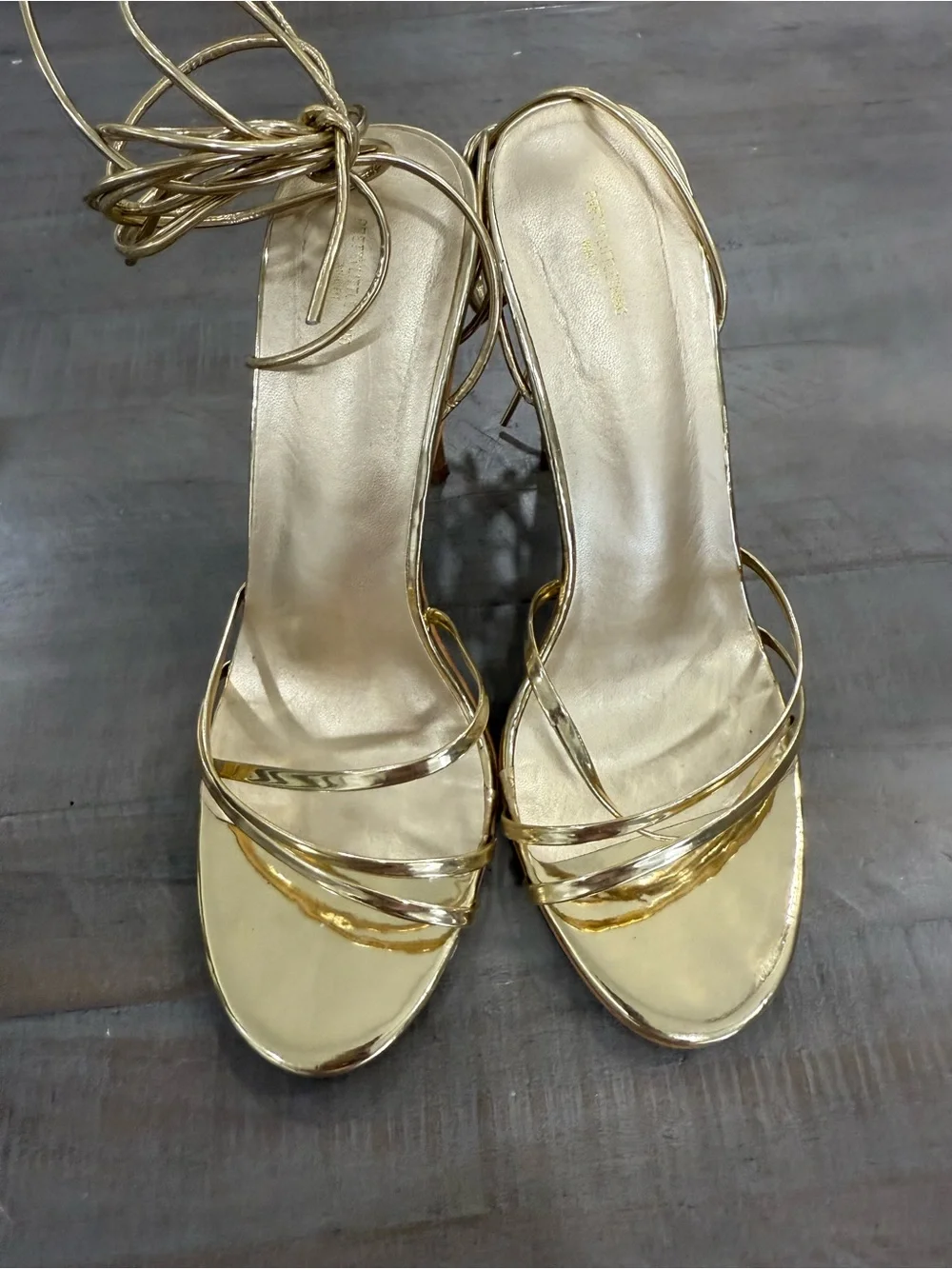 PrettyLittleThing Gold Metallic Strappy Lace-Up Stiletto Heels US 9